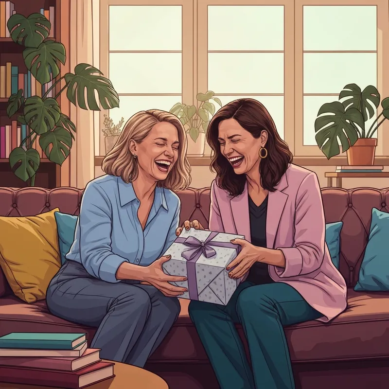 Two friends sharing a meaningful moment while opening a present for a good friend in a cozy modern apartment.