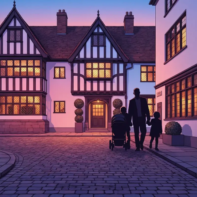 A family arriving at a family friendly hotel chester during a cozy evening stay.