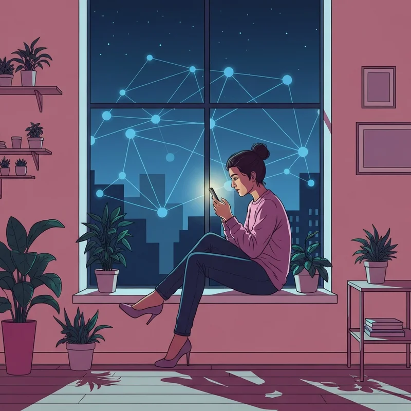 A young adult sitting by a window using their phone for kik finding friends in a digital-inspired setting.