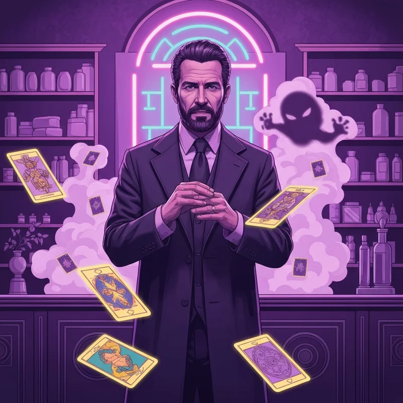 A mysterious shadow sorcerer surrounded by floating cards from the i got friends on the other side lyrics scene.