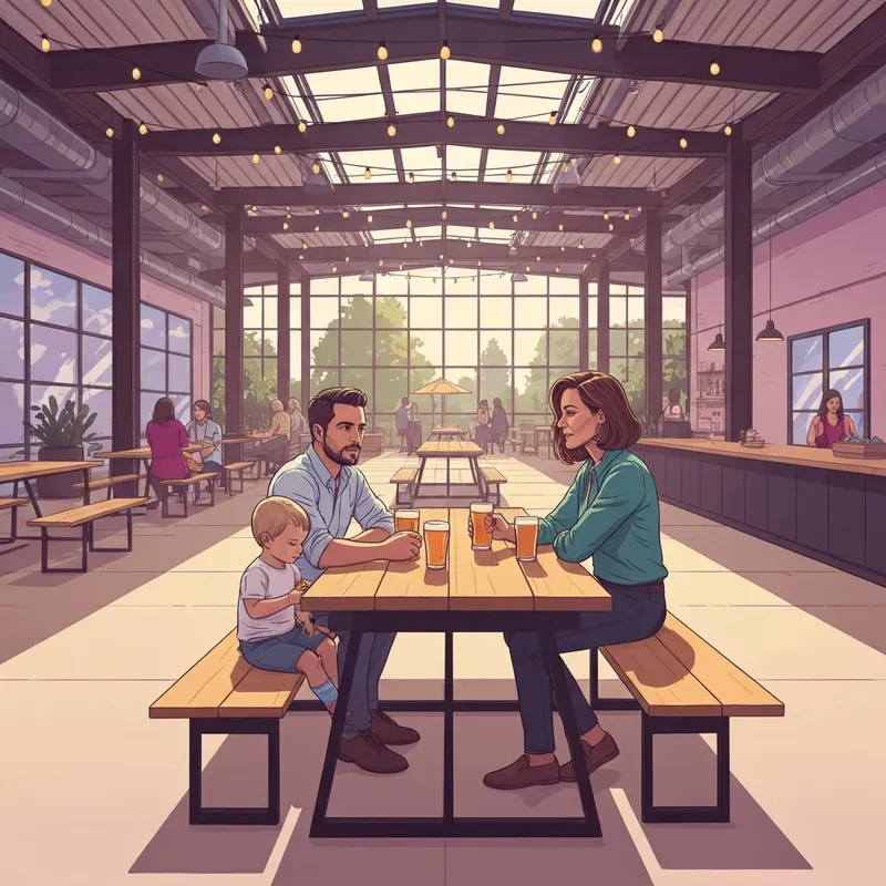 A happy family enjoying time at a family friendly brewery near me with a toddler playing on a wooden bench.