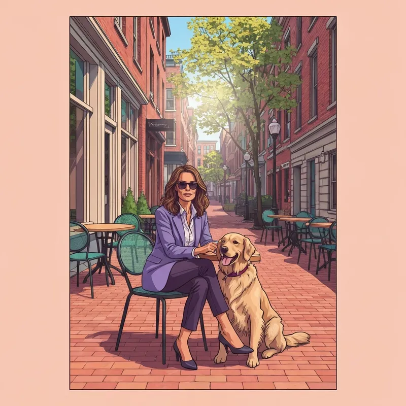 A woman and her dog enjoying one of the many dog friendly locations in a modern urban setting.