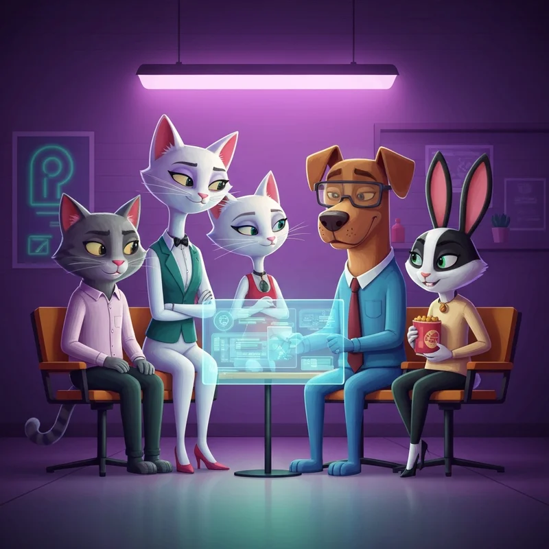 The iconic characters from tom and friends movies gathered in a digital garage, representing Gen Z friendship archetypes.