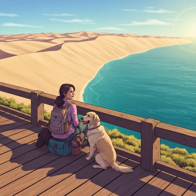 A woman and her dog enjoying a pet friendly traverse city mi vacation overlooking the dunes and the lake.