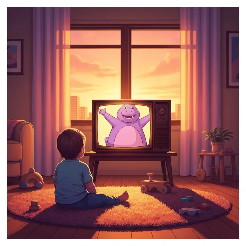 A nostalgic scene of a child watching barney and friends happy birthday barney in a cozy living room.