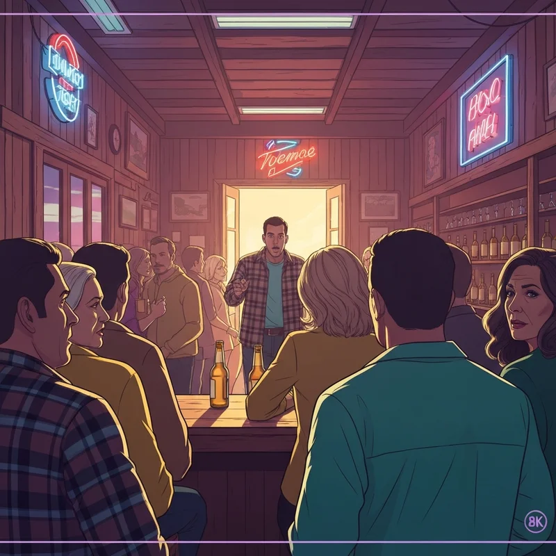 A man in a bar reacting to an ex, illustrating the emotional chaos found in Luke Bryan All My Friends Say.