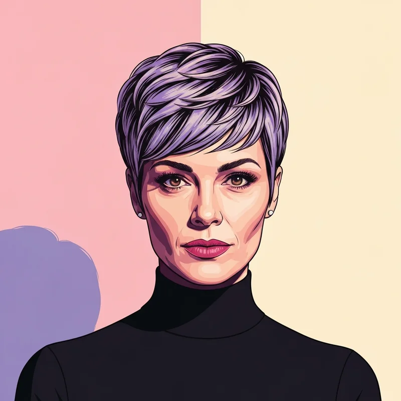 A woman with a very short pixie hair style looking confidently into a mirror, showcasing her jawline and cheekbones.
