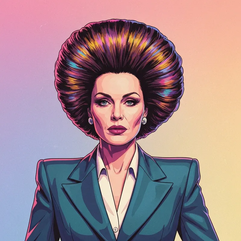 A woman with a classic women 1980 big hair style featuring voluminous teased curls and vibrant retro fashion against a neon backdrop.