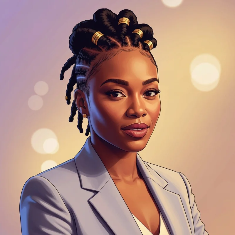 A stylish woman with updo loc styles for short hair, featuring a sophisticated pinned pompadour and gold accessories.