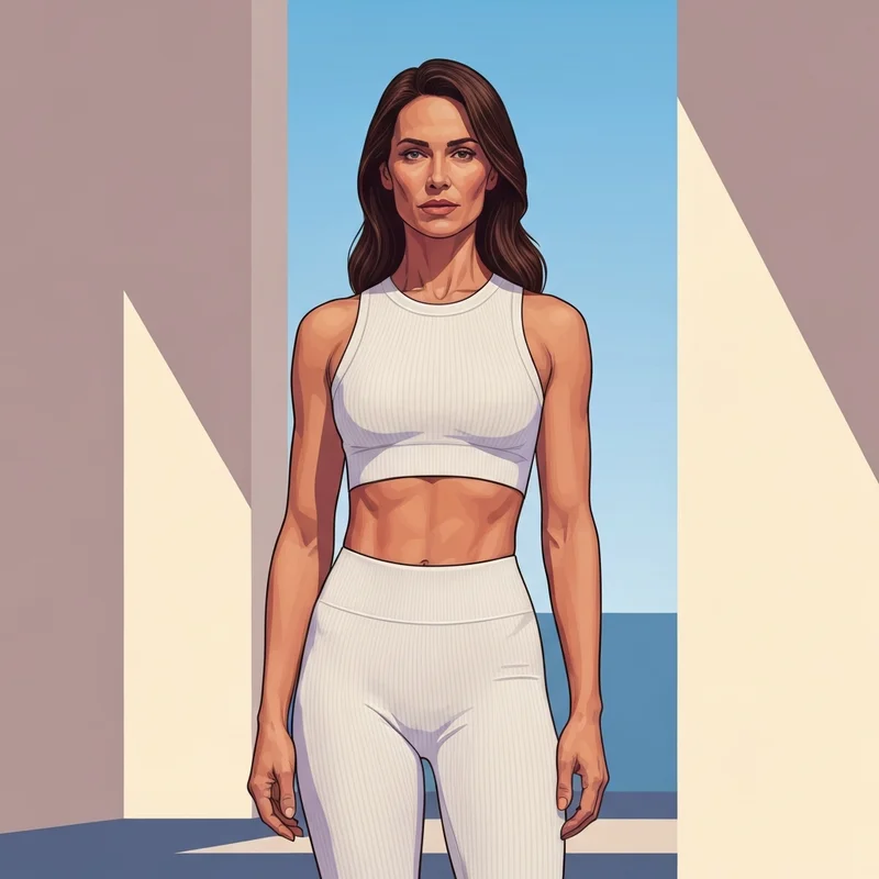 A woman wearing a pristine white athleisure set standing in a sunlit Pilates studio, looking confident and stylish.