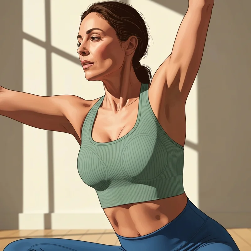 A woman wearing a high-performance seamless sports bra during a yoga flow in a bright studio.