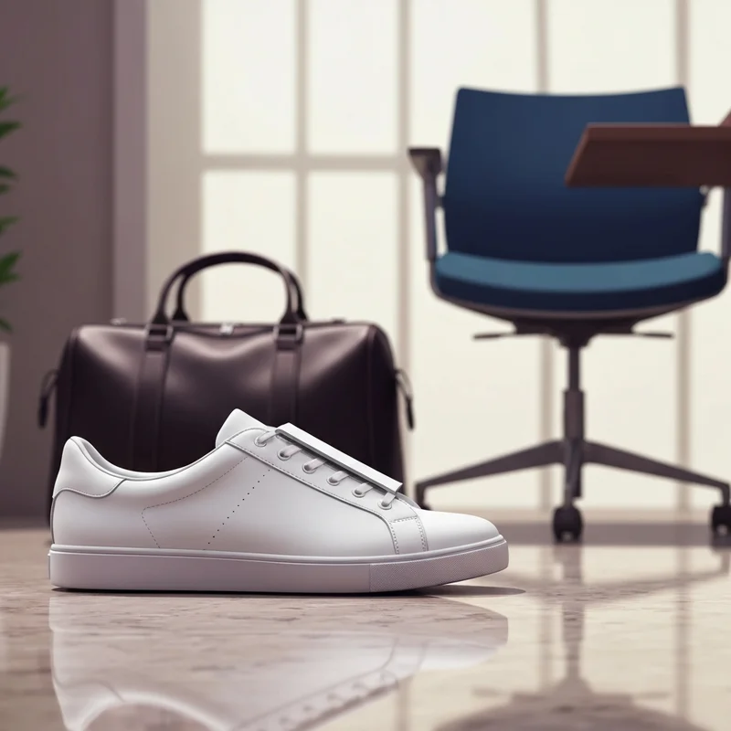 A pair of premium white leather sneakers for athleisure minimalist leather gym to lunch sitting on a marble floor next to a gym bag and a laptop, signifying an urban hybrid lifestyle.