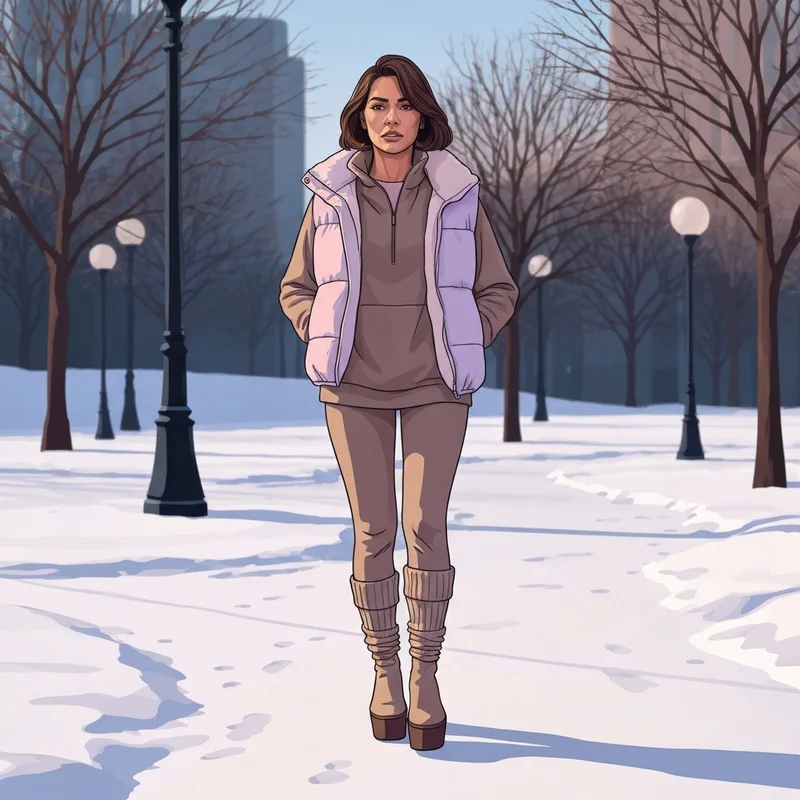 A woman wearing chic winter athleisure including a monochromatic cream-colored set and an oversized puffer jacket in a snowy urban setting.