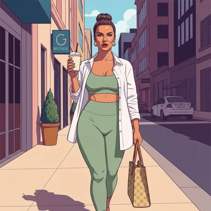 A group of diverse women wearing stylish plus size athleisure outfits in a modern city cafe setting, showing confidence and effortless style.