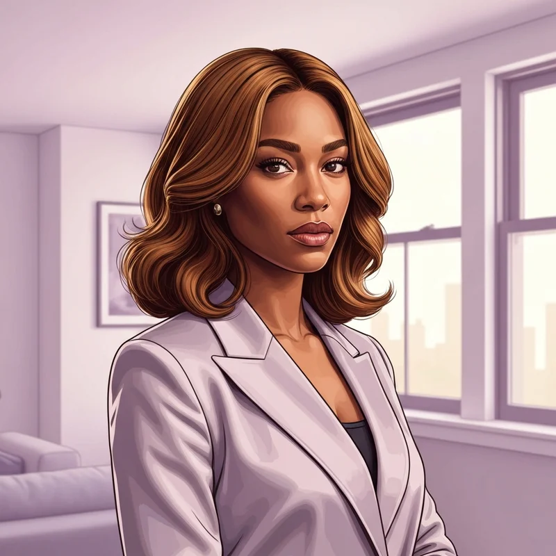 A stylish woman with mid-length hair in a 90s blowout, showing how to style medium hair for a sophisticated look.