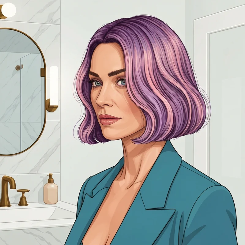 A woman with a chic, textured bob hairstyle looking into a mirror, reflecting confidence and a modern aesthetic, showing how to style bob hair.