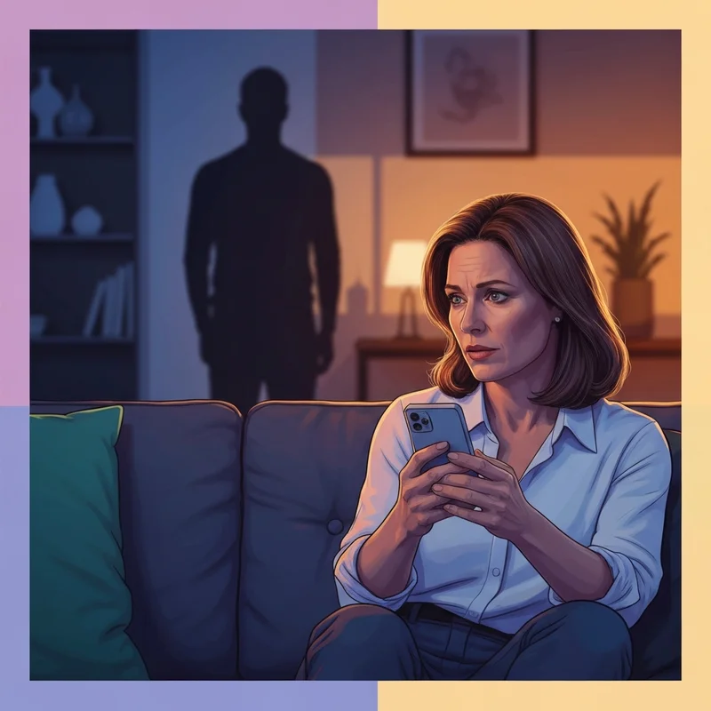 A woman looking thoughtfully at her phone while sitting in a dimly lit room, symbolizing the search for red flags in a relationship.