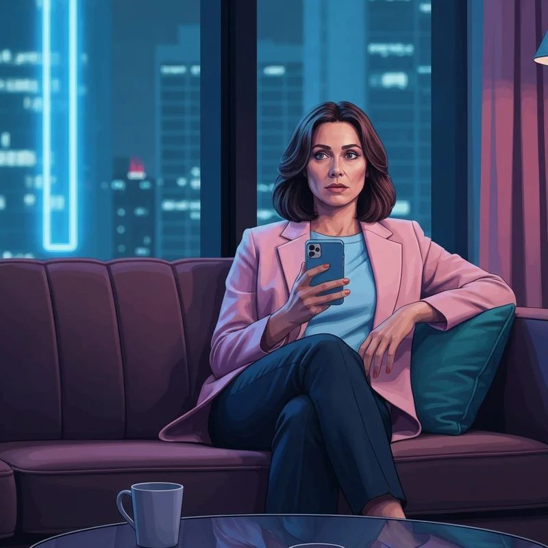 A woman looking at her phone with a concerned expression, symbolizing the search for red flags in a relationship.