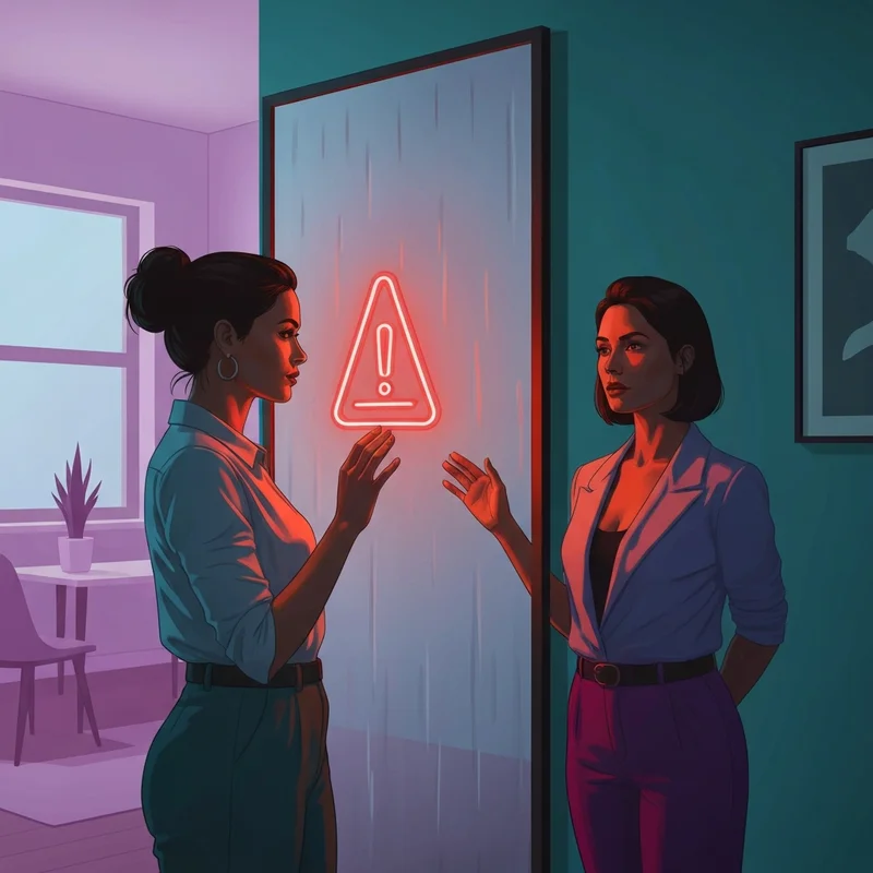 A symbolic representation of intuition and a red flag in relationship showing a woman looking at a glowing warning sign in a dark, atmospheric hallway.