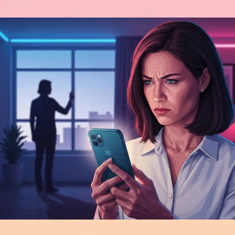 A woman looking at her phone with a concerned expression, symbolizing a red flag relationship vibe check.