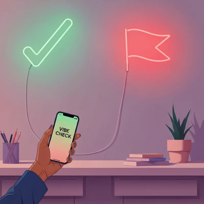 A symbolic representation of red and green flags in a relationship showing a balanced heart and a warning sign on a soft aesthetic background.