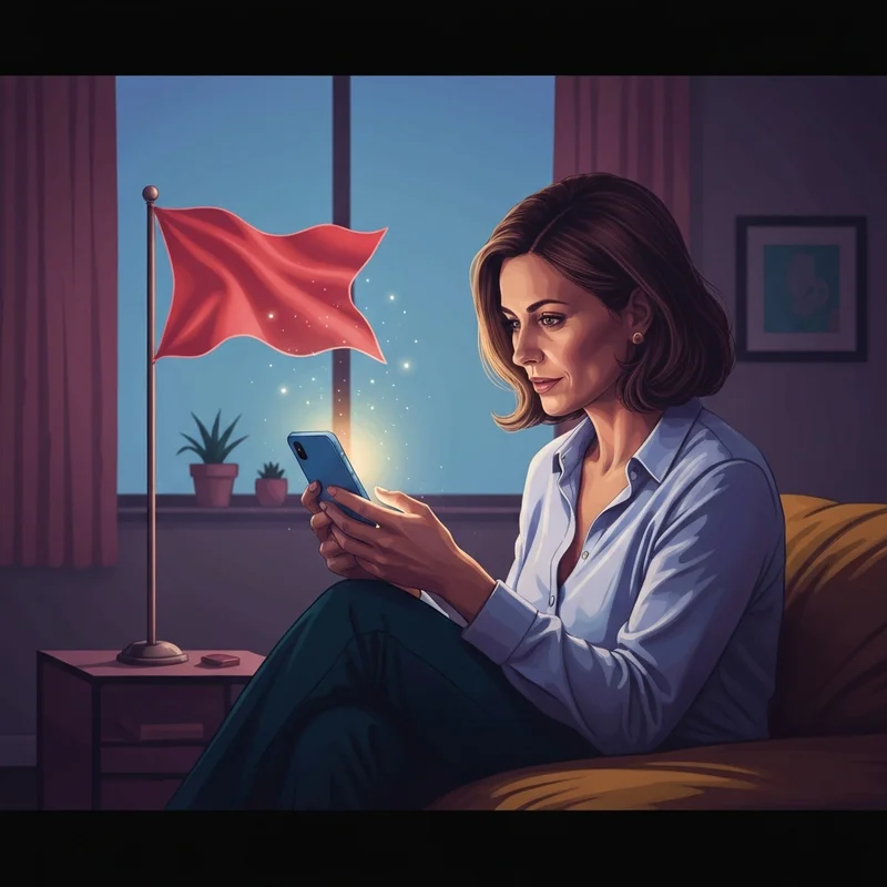 A woman looking thoughtfully at a phone with a digital red flag icon, illustrating what is the meaning of red flag in relationship.