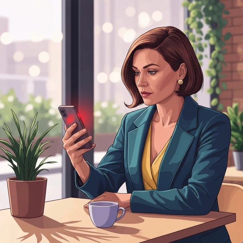 A woman looking thoughtfully at a digital screen while contemplating red flags in relationships and self-trust.