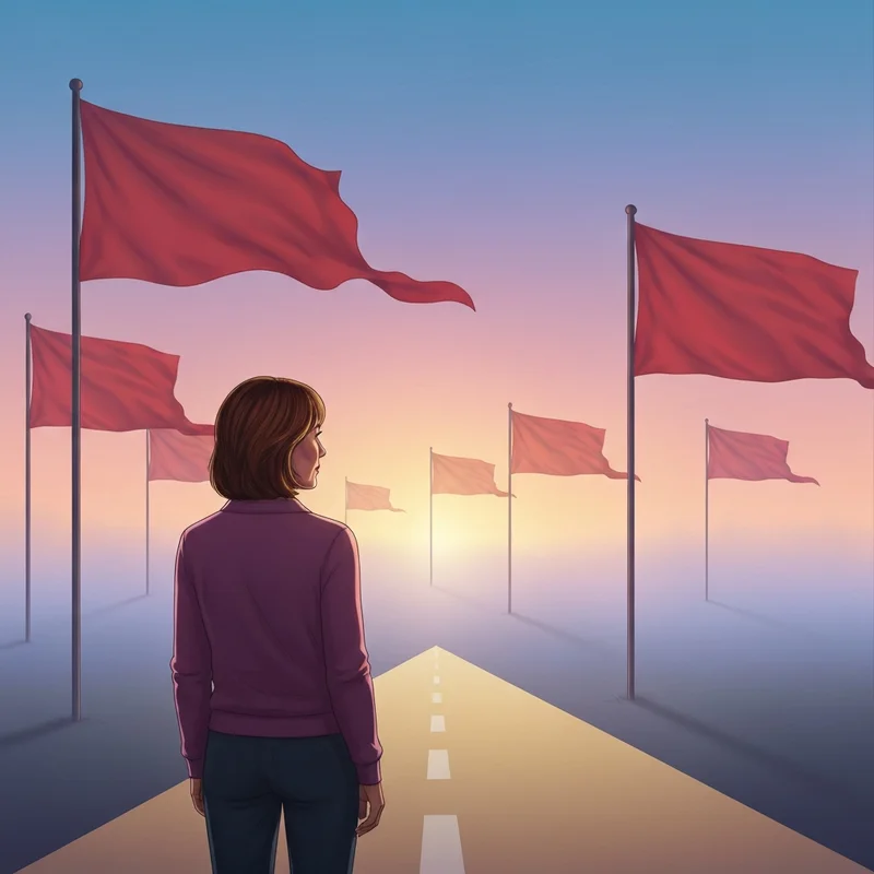 A symbolic representation of red flags in a relationship showing a person standing at a crossroads with warning signs.
