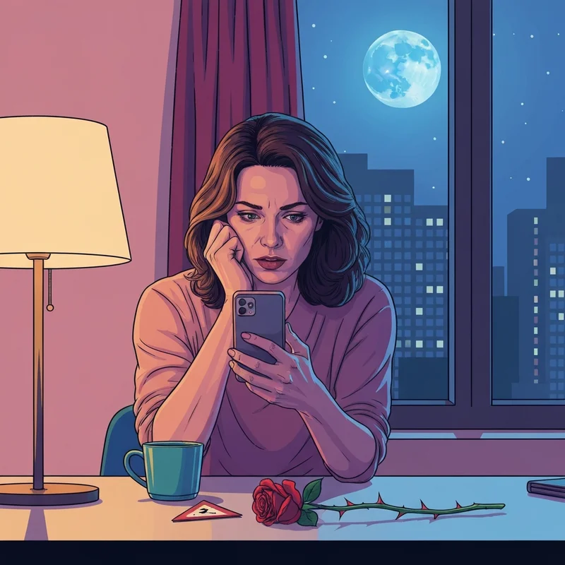 A woman looking thoughtfully at her phone in a dimly lit room, illustrating the red flags meaning in relationship contexts.