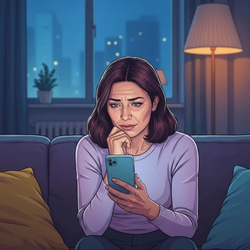 A woman looking at her phone with a concerned expression, illustrating the search for red flags in a relationship.