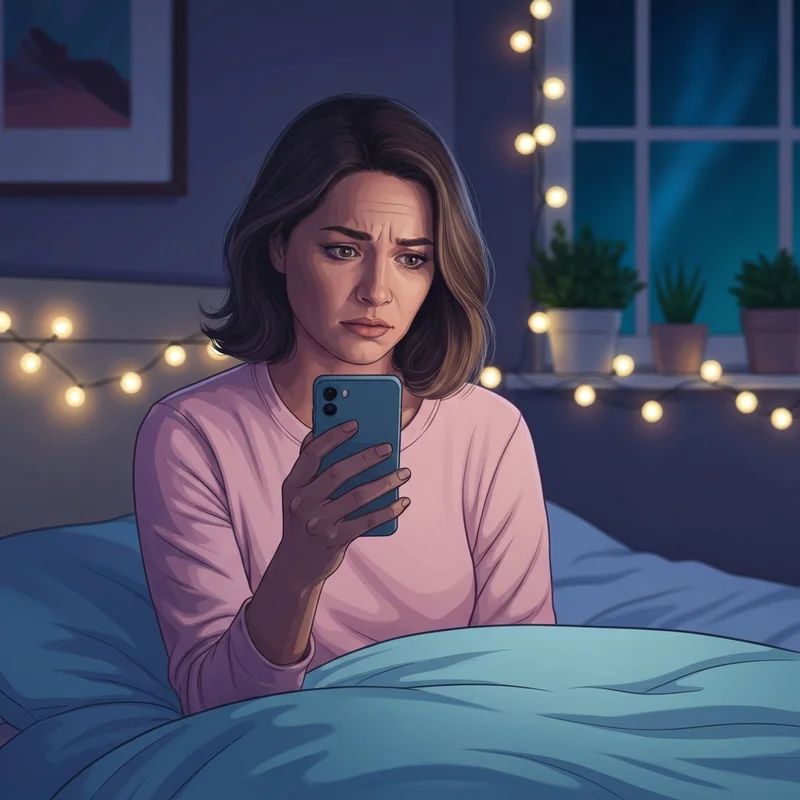 A young woman looking thoughtfully at her phone in a dimly lit room, illustrating red flags in teenage relationships.
