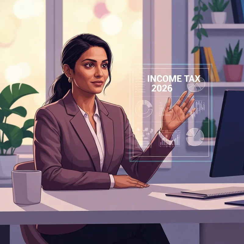 A modern professional woman looking at a digital tablet displaying the income tax union budget 2026 highlights in a sunny home office.