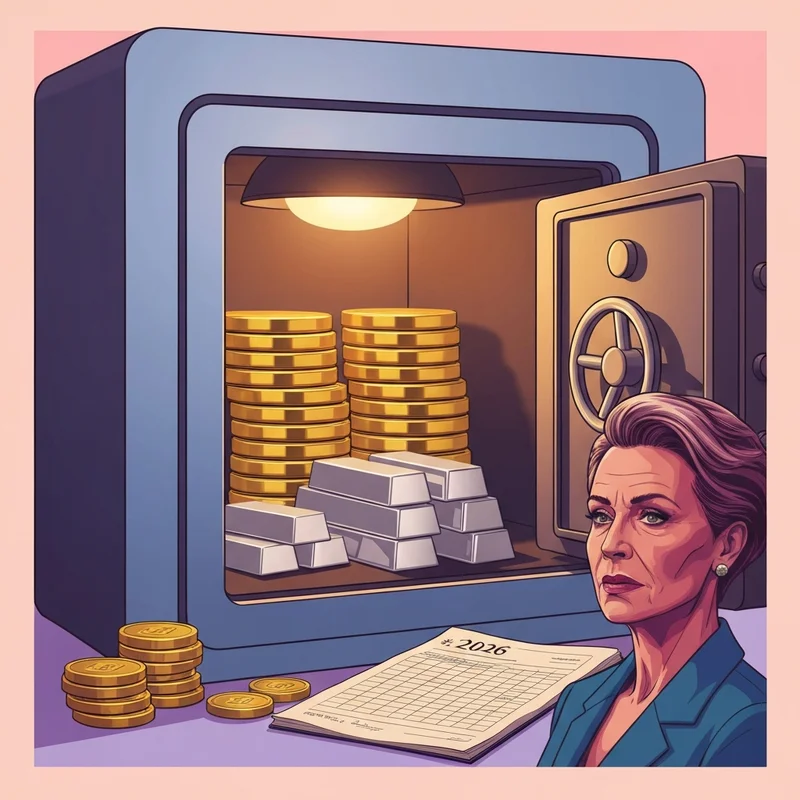 A secure modern vault opening to reveal glowing gold bars and silver coins, representing the union budget 2026 gold silver impact.