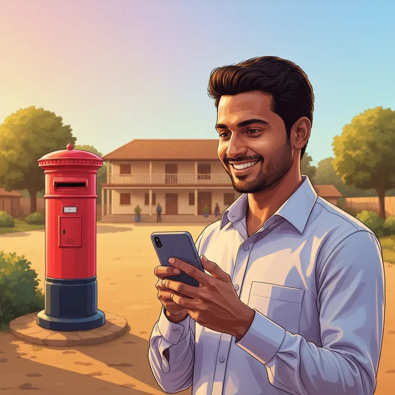 A young Indian professional using a smartphone to apply for the India Post GDS Recruitment 2026 against a backdrop of a modern postal office.