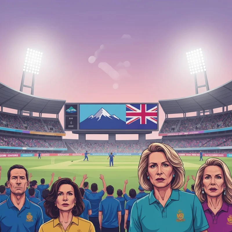 Cinematic wide shot of a cricket stadium during an Afghanistan vs Scotland match under bright floodlights with fans waving national flags.