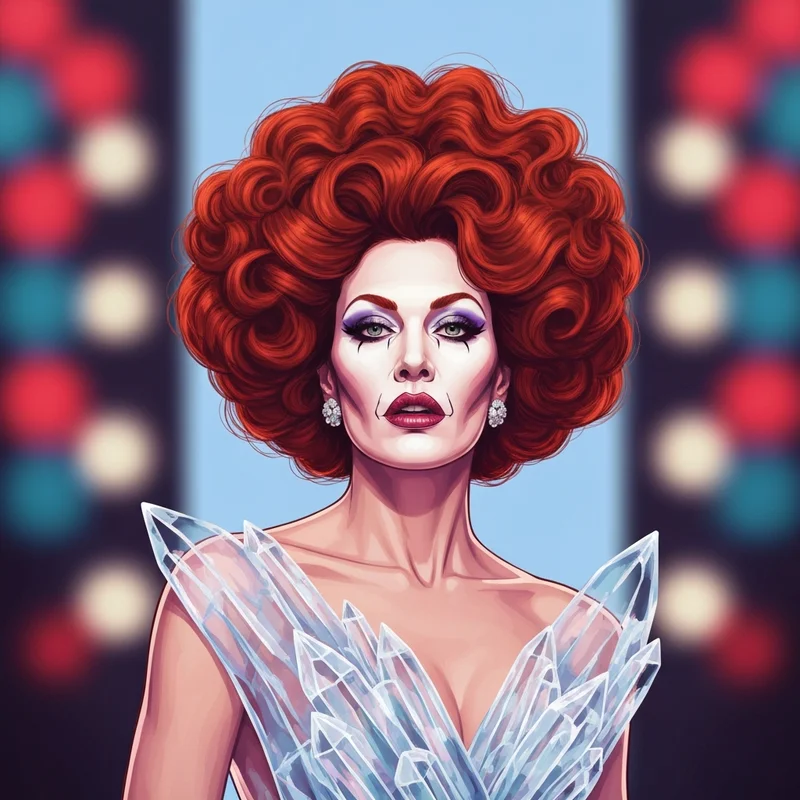 A high-fashion avant-garde artist featuring theatrical makeup and a sculptural translucent gown on a red carpet, embodying the Chappell Roan aesthetic.