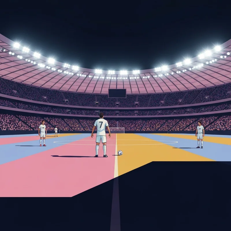 Cinematic shot of a striker in white kit taking a high-pressure penalty at a crowded stadium during real madrid vs rayo vallecano match.