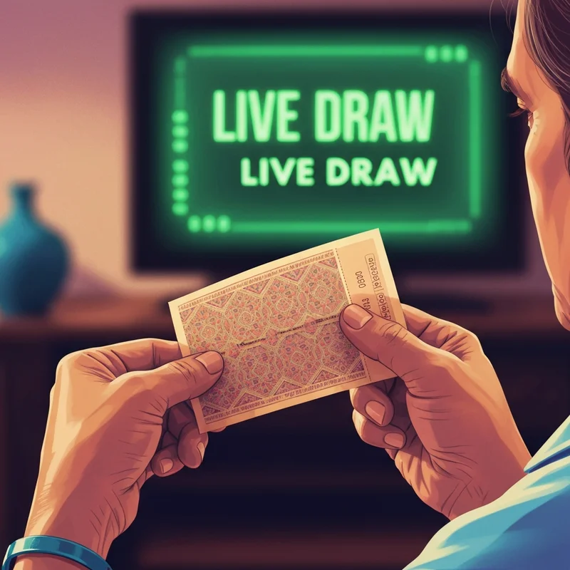 A close-up of a hand holding a colorful Kerala lottery ticket against a backdrop of a live digital results board showing 'kerala lottery result today live'.