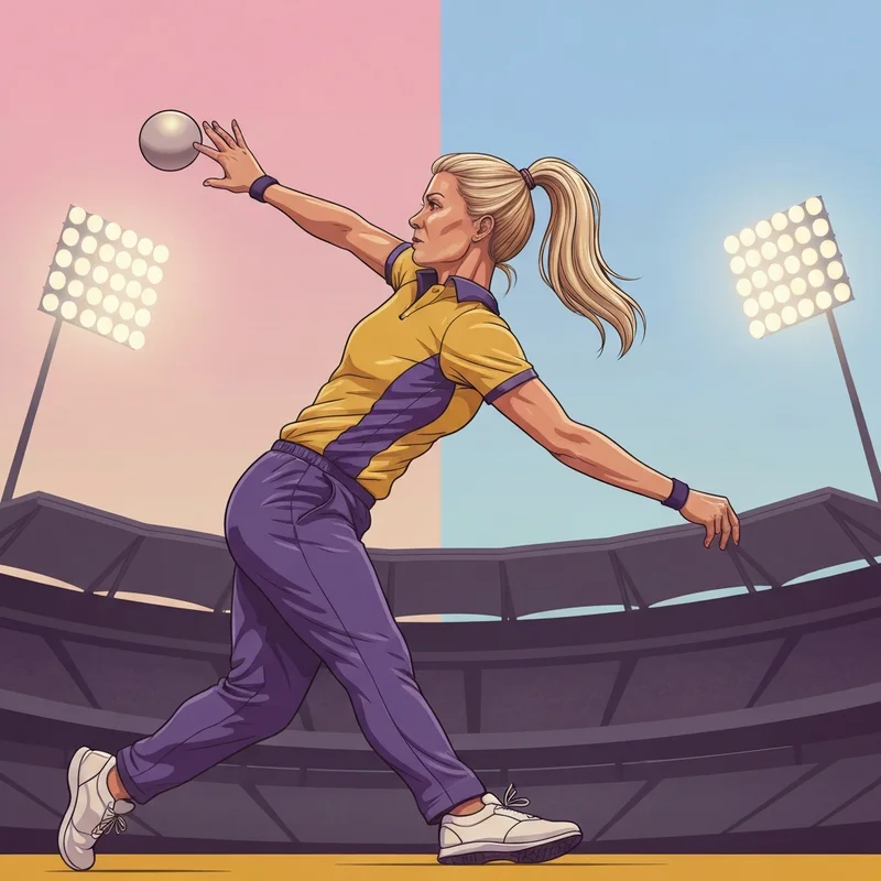 Charli Knott playing for the UP Warriorz in the WPL, focusing on her off-break bowling action.