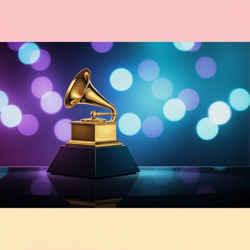 The iconic gold gramophone trophy of the grammy 2026 reflecting the neon lights of Los Angeles.