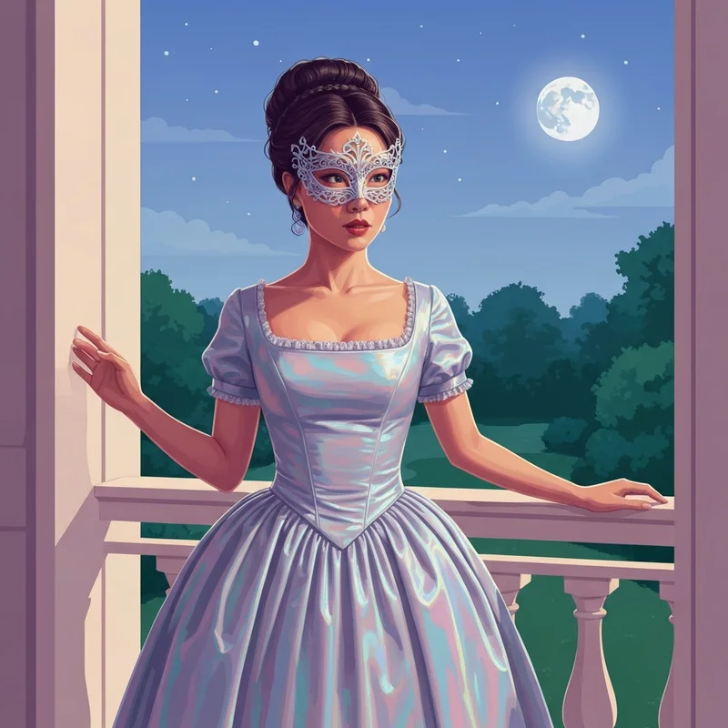 A mysterious woman in a shimmering silver Regency-style gown and a delicate mask, representing Sophie Bridgerton at the masquerade ball.