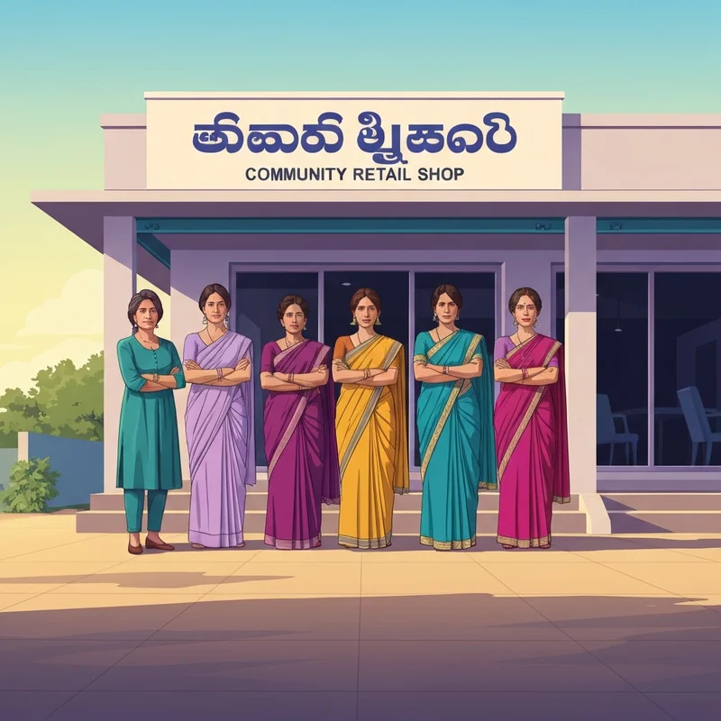 Empowered rural women entrepreneurs standing in front of a modern SHE Mart mission retail outlet.