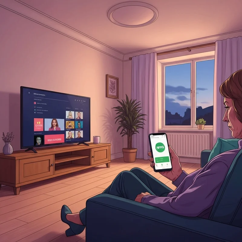 A modern living room in Ireland with a Smart TV displaying the RTÉ Player logo and a digital tablet showing the RTÉ News app headlines.