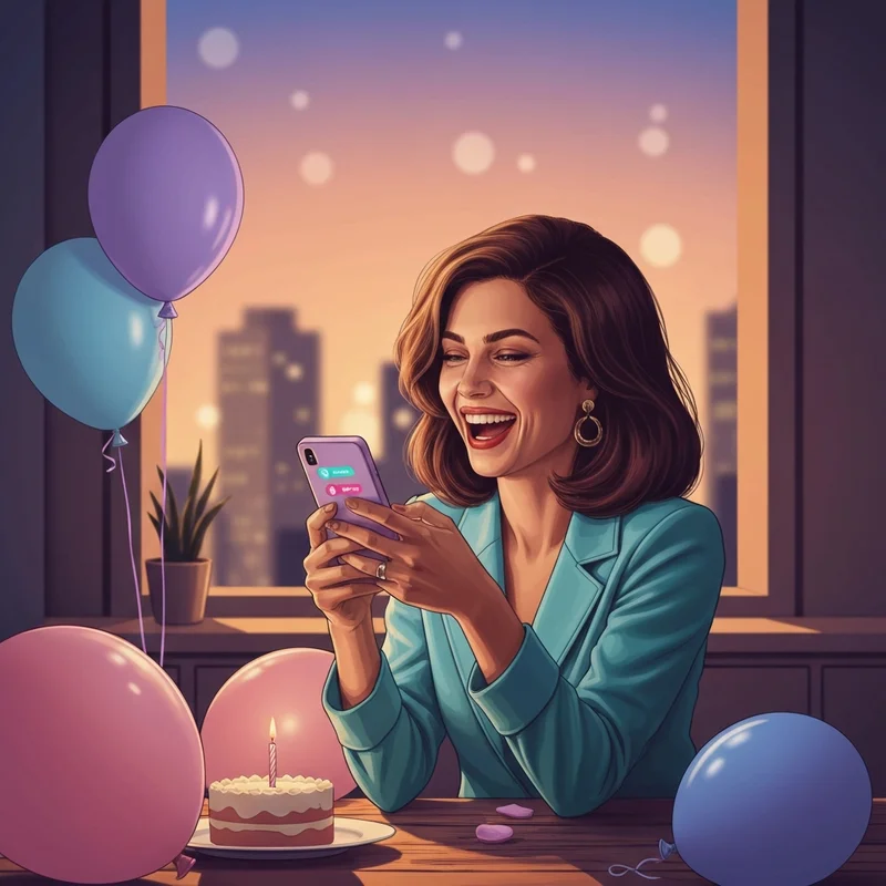 A young woman smiling at her phone while celebrating with birthday phrases for friend.