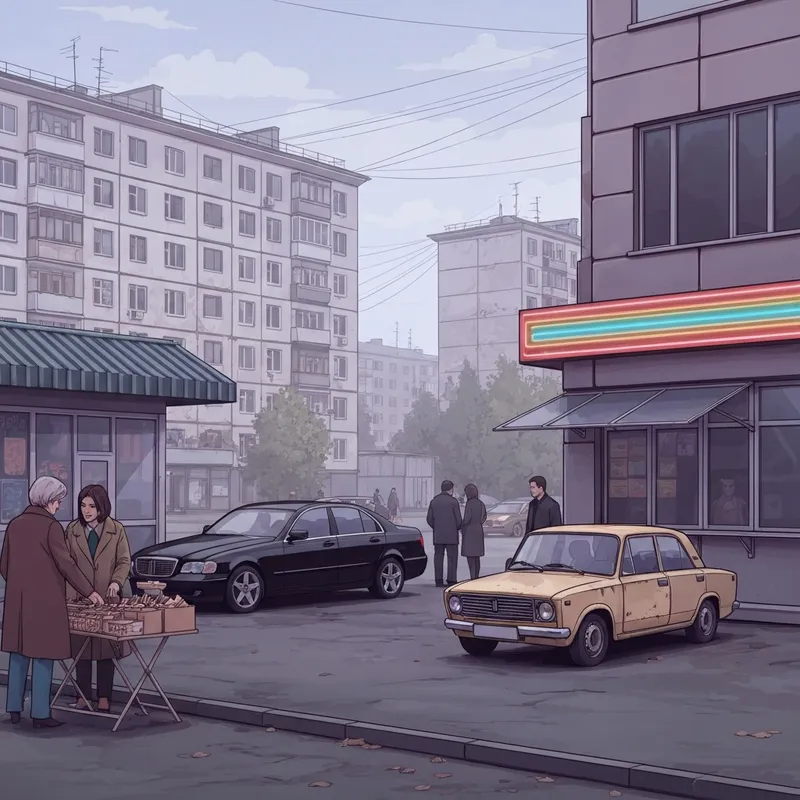 A cinematic depiction of 1995 russia social society featuring a busy Moscow street market with a mix of vintage Soviet cars and new imported luxury vehicles under a grey sky.