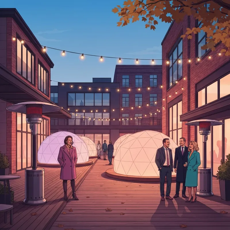 The vibrant exterior of social house lima ohio featuring outdoor patio games and modern industrial decor at dusk.