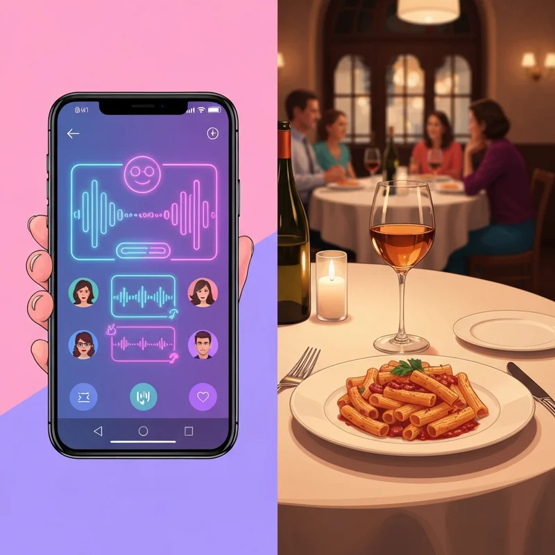 A split-screen visual representing sugo social, showing a glowing digital smartphone interface with voice waves on one side and a chic Italian restaurant table with pasta and wine on the other side.