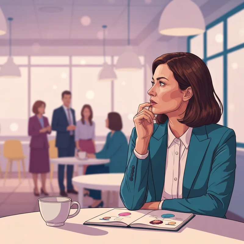 A young woman in a modern urban setting, practicing mini social cognition and emotional intelligence while looking at a group of friends.