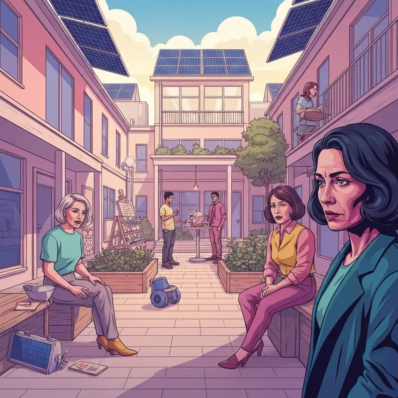 A group of diverse young people collaborating on a community garden with solar panels and a tool library, representing libertarian socialism in action.