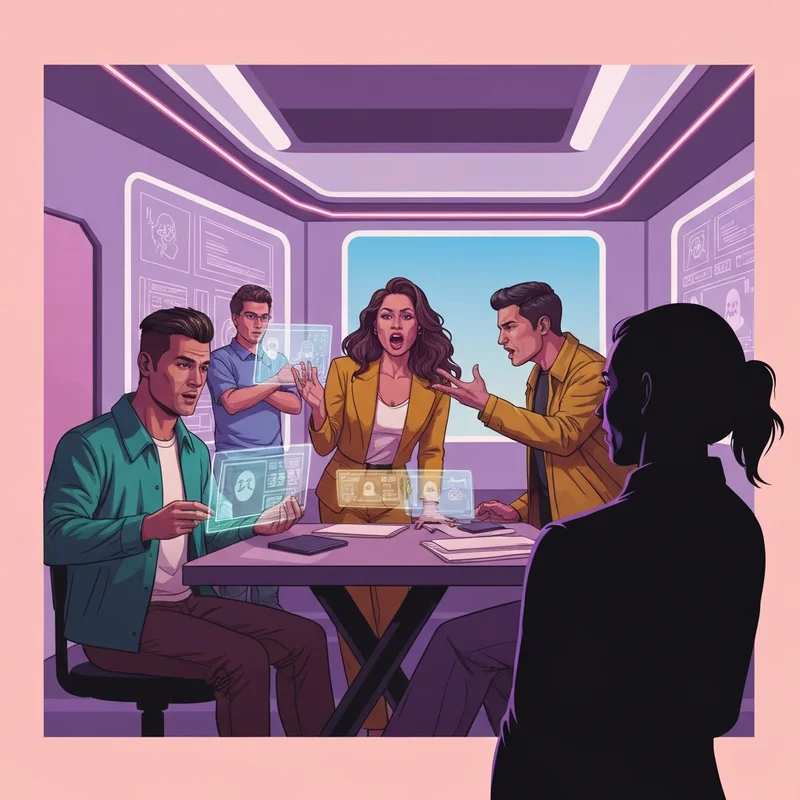 A group of stylized digital avatars in a high-tech lounge pointing fingers at each other in an online multiplayer social deduction game.